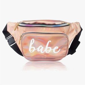 Babe Holographic Fanny Pack Crossbody Multi Pockets Adjustable Strap Rose Gold
